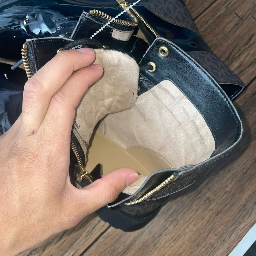 combat boots lace up monogram boots Michael Kors boots chunky boot Glossy black